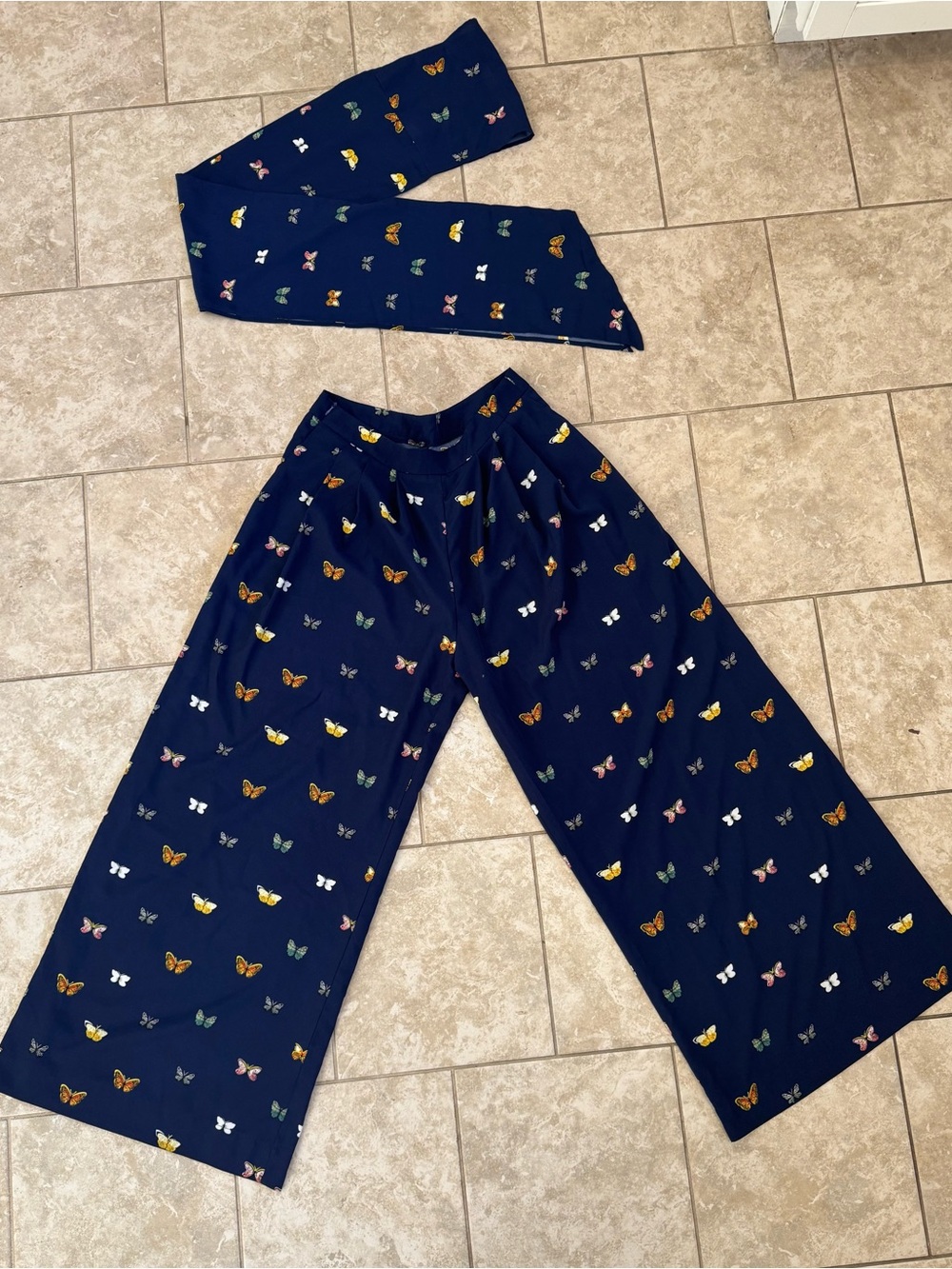 Navy Wide-Leg Pants Multicolor Butterfly Print Set Using Top Shirt or Head Wrap